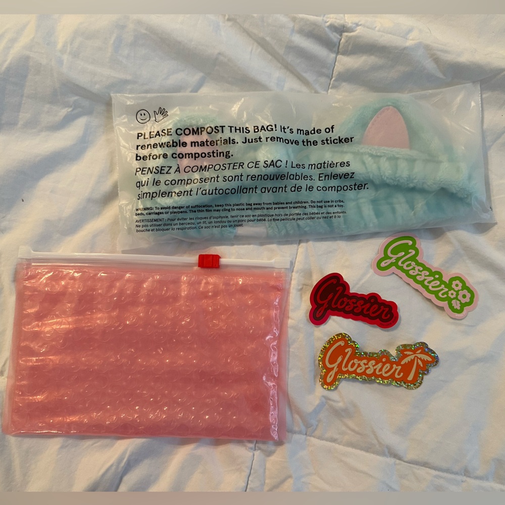 Glossier Kitty Spa Headband and 3 stickers plus bubble pouch!